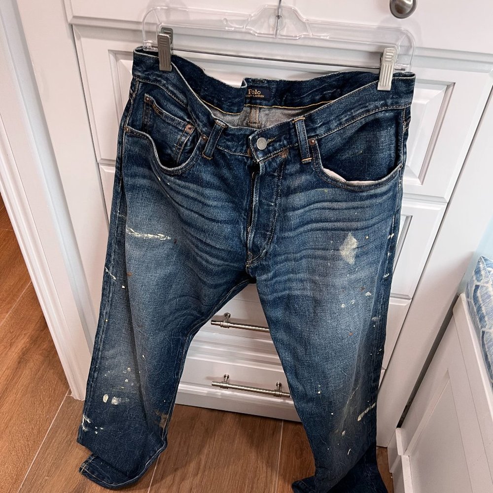 Men's Distressed classic fit polo jeans Sullivan paint splatter 34